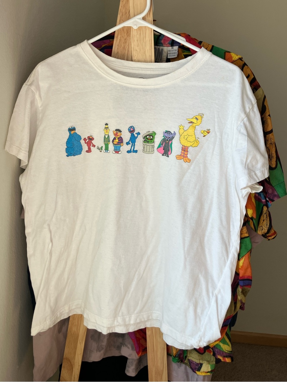 Sesame Street White Short Sleeve Crop Tee with Colorful Character Lineup Teacher